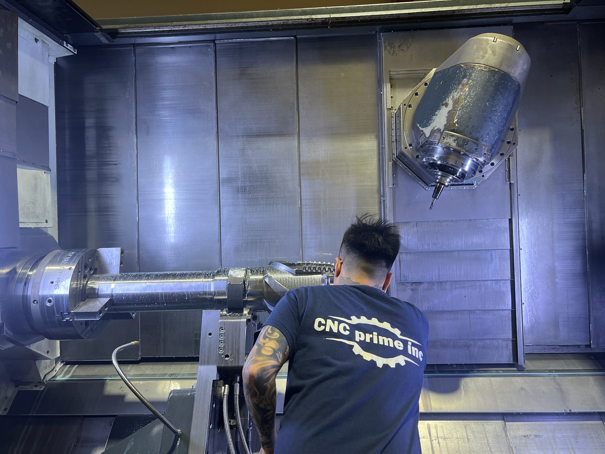 Brass parts being machined on a lathe